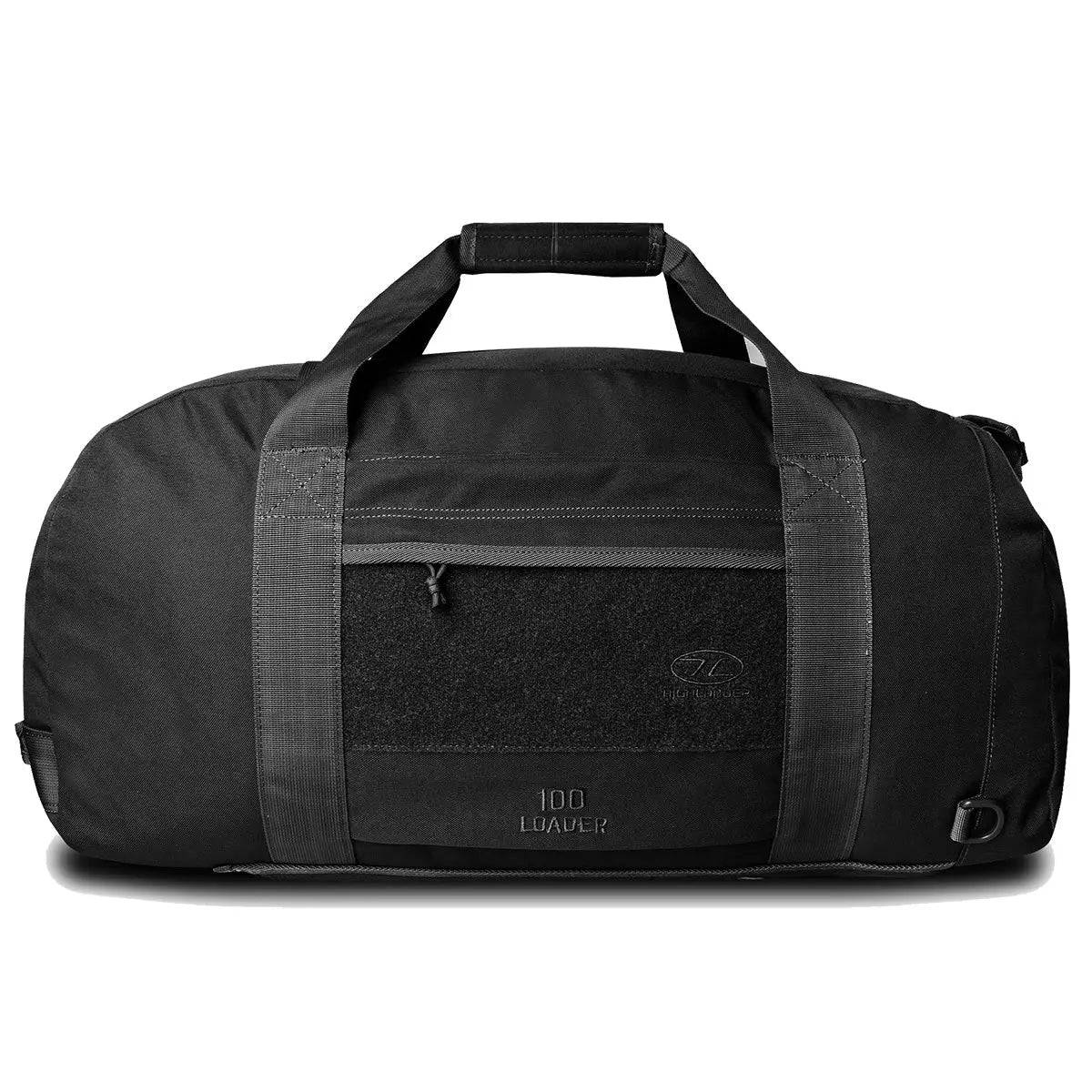 Highlander Loader 100L Holdall Bag Gen2 in black, designed for rugged use with sturdy handles, a zippered front pocket, and ample storage capacity.
