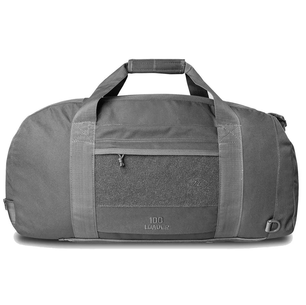 Highlander Loader 100L Holdall Bag Gen2 in grey, featuring a durable design with reinforced handles and a front zippered pocket for secure storage.
