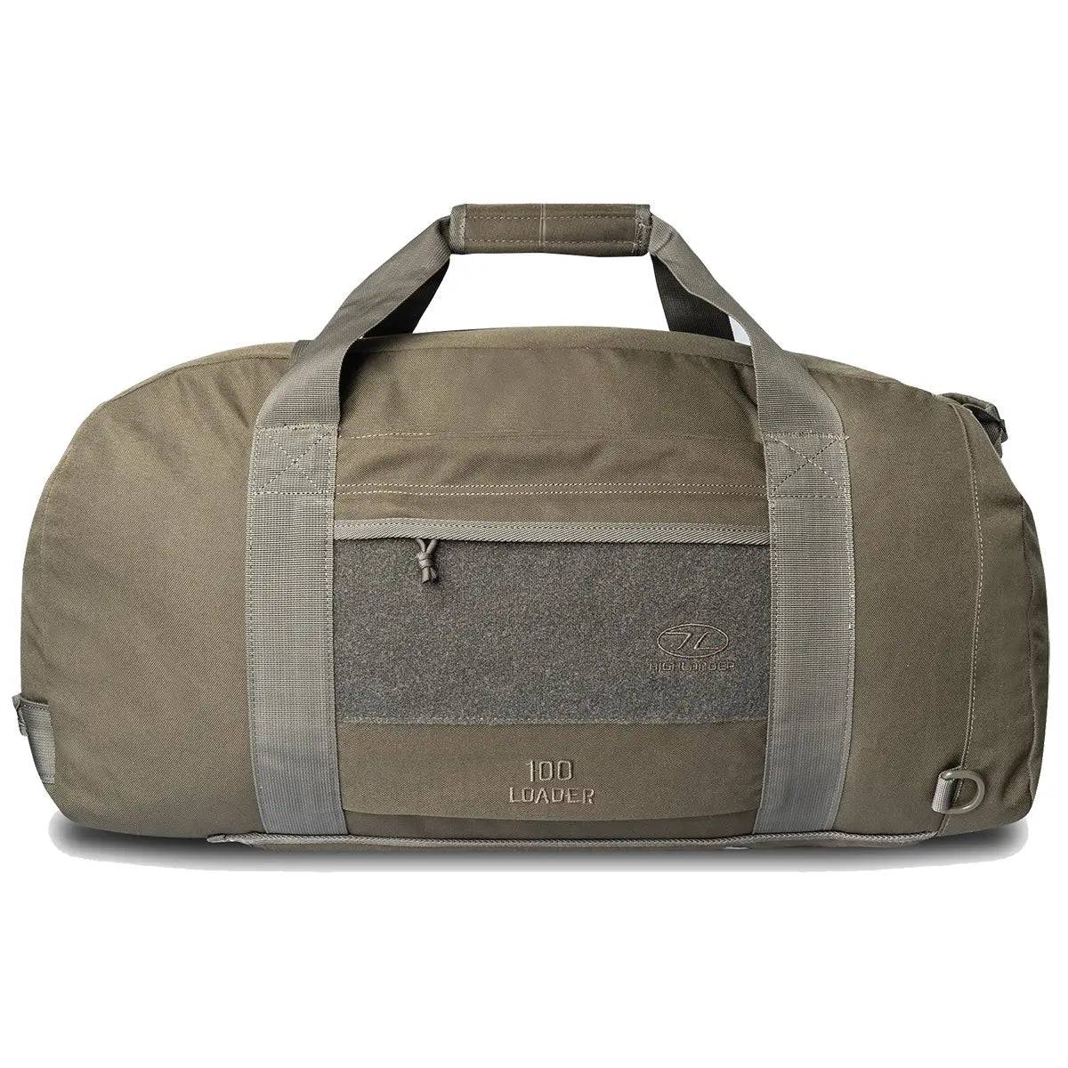Highlander Loader 100L Holdall Bag Gen2 in olive green, offering a robust build, reinforced straps, and a spacious main compartment for gear transport.