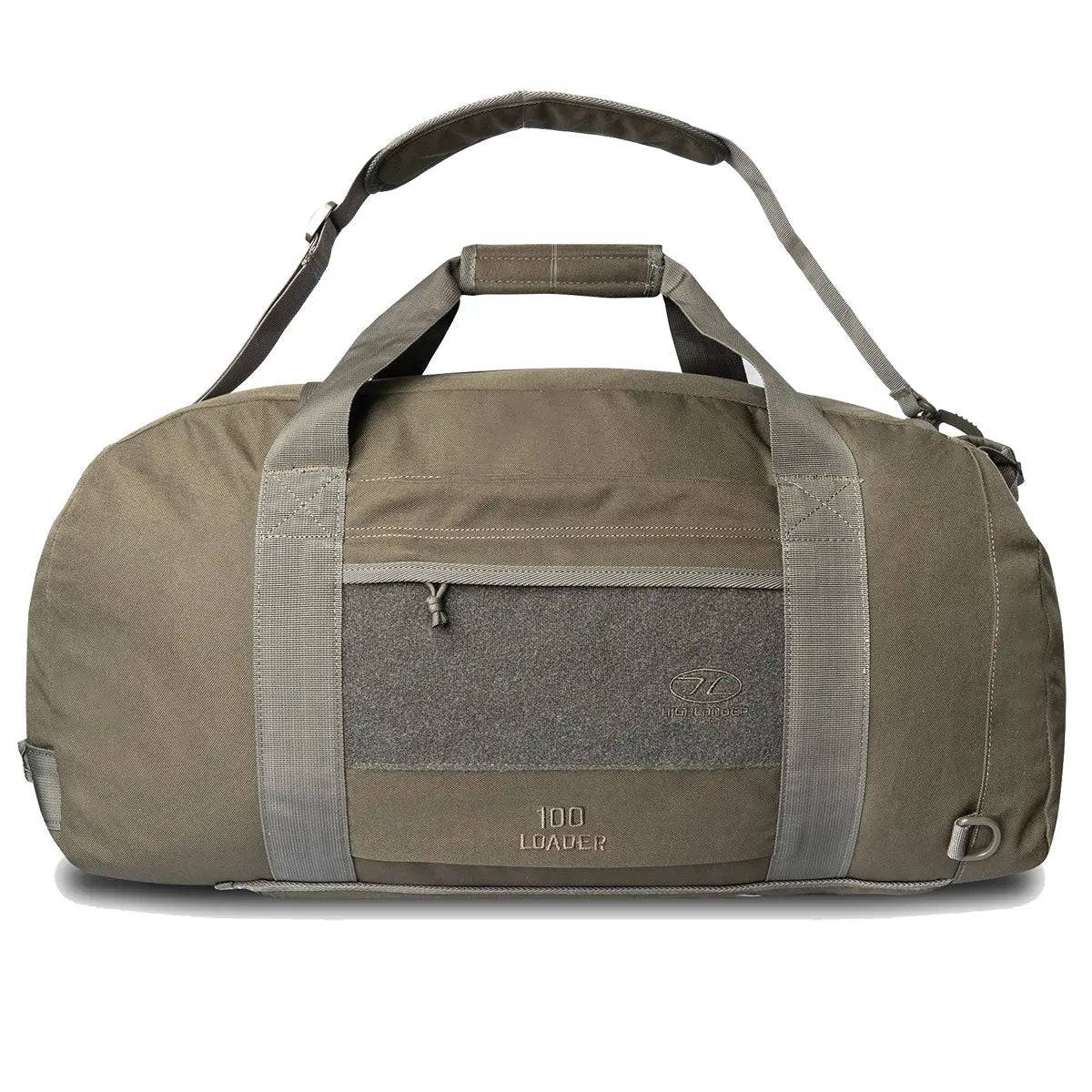 Olive green Highlander Loader 100L Holdall Bag Gen2 with an adjustable shoulder strap, reinforced handles, and a zippered front pocket for convenience.