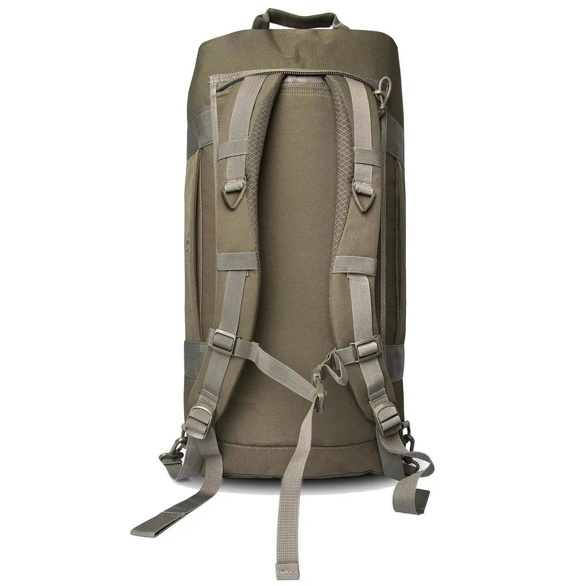 Back view of Highlander Loader 100L Holdall Bag Gen2 in olive green, featuring padded backpack straps for comfortable carrying and reinforced stitching.