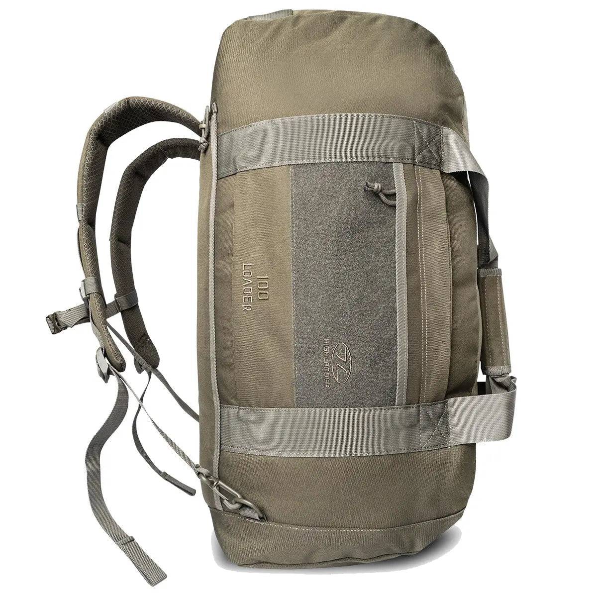 Highlander Loader 100L Holdall Bag Gen2 in olive green, shown in a vertical position with backpack straps for versatile carrying options.
