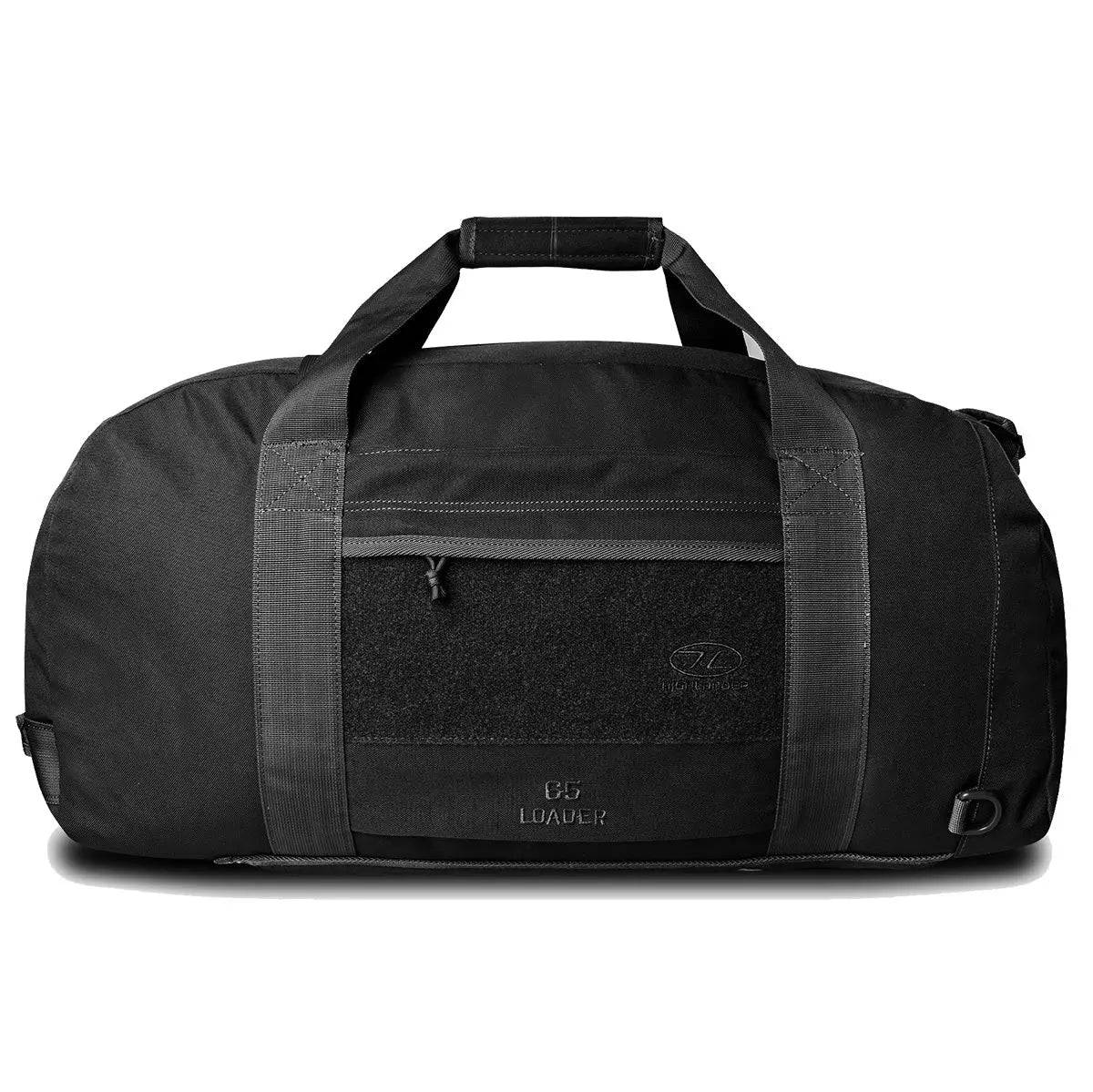 Highlander Loader 65L Holdall Bag Gen2 in black with a rugged design, front zip pocket, and reinforced handles for secure and durable transport.