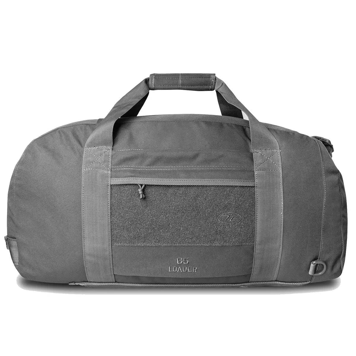 Highlander Loader 65L Holdall Bag Gen2 in grey, featuring a tough polyester build, multiple carrying options, and a spacious main compartment for gear.