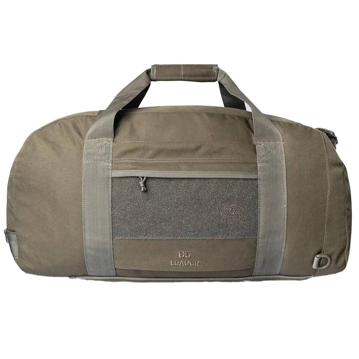 Highlander Loader 65L Holdall Bag Gen2 in olive green with durable polyester fabric, reinforced handles, and a front zip pocket for secure storage.