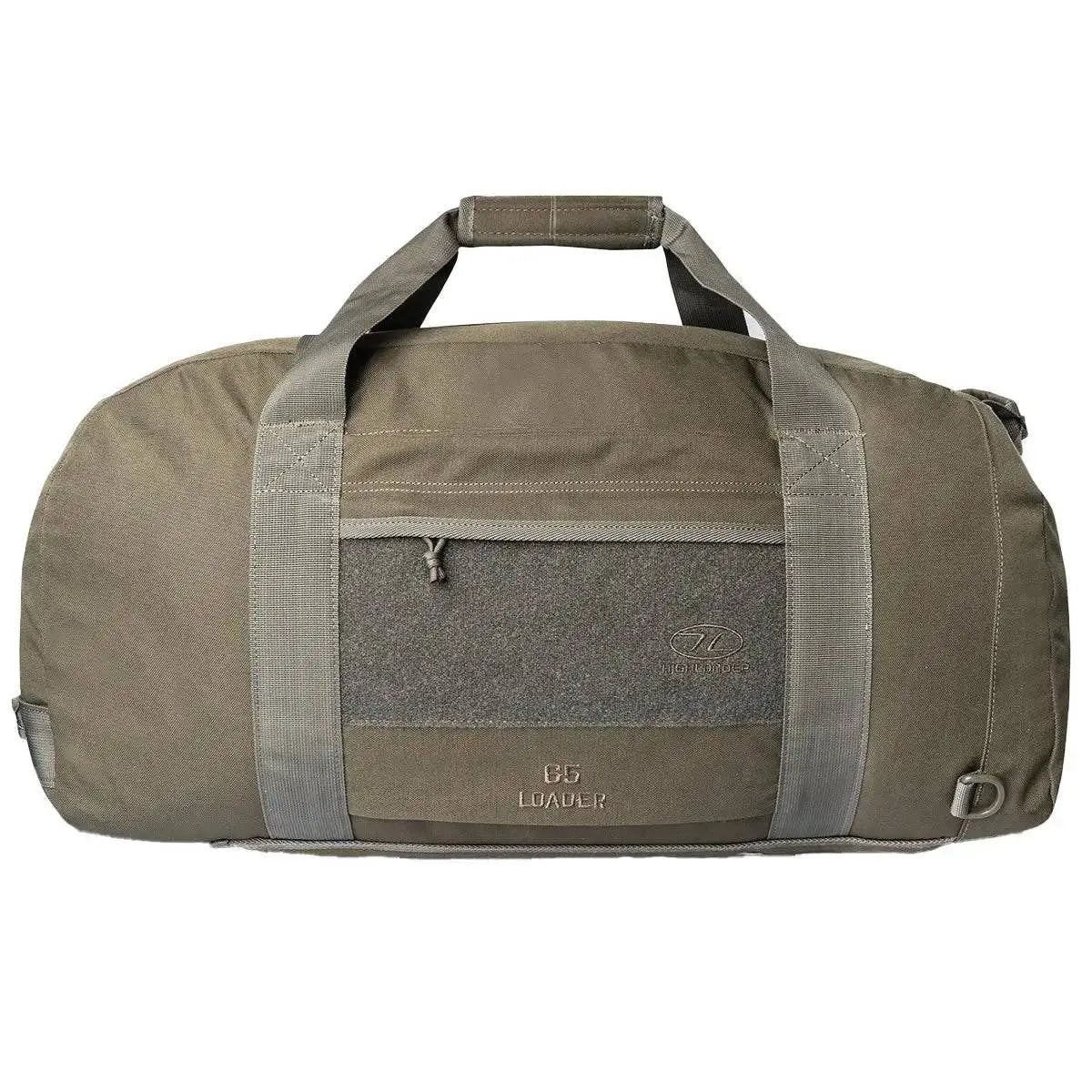 Highlander Loader 65L Holdall Bag Gen2 in olive green with durable polyester fabric, reinforced handles, and a front zip pocket for secure storage. Ranger Green from John Bull Clothing