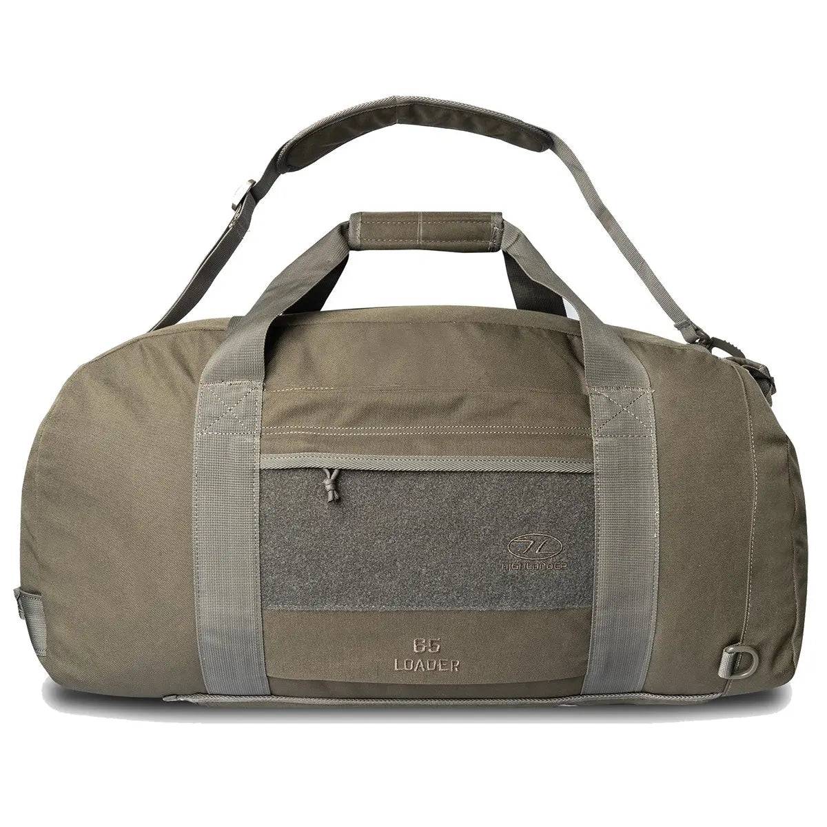 Highlander Loader 65L Holdall Bag Gen2 in olive green featuring a detachable shoulder strap, sturdy handles, and a spacious main compartment for gear.