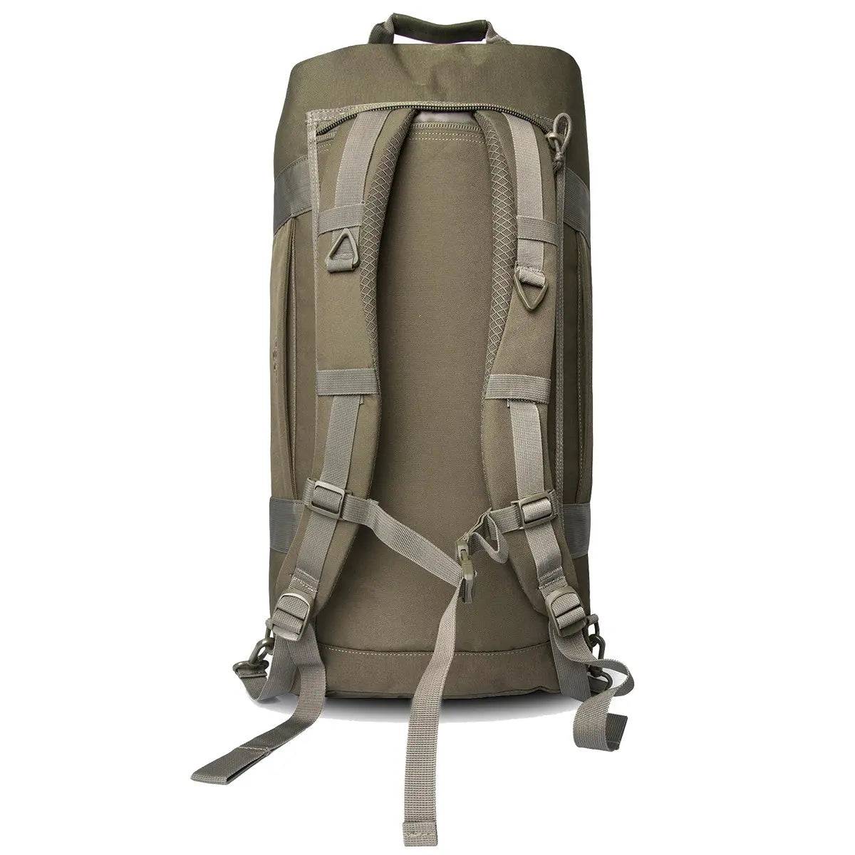 Highlander Loader 65L Holdall Bag Gen2 in olive green shown in a vertical position with adjustable backpack straps for versatile carrying options.