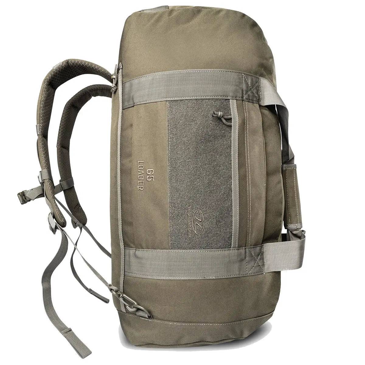 Side view of the Highlander Loader 65L Holdall Bag Gen2 in olive green, highlighting its backpack straps and reinforced construction for heavy loads.