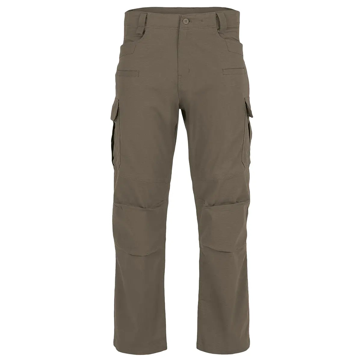 Highlander Magnum Teflon Trousers in olive green with cargo pockets and reinforced knees, ideal for rugged outdoor use and tactical wear.