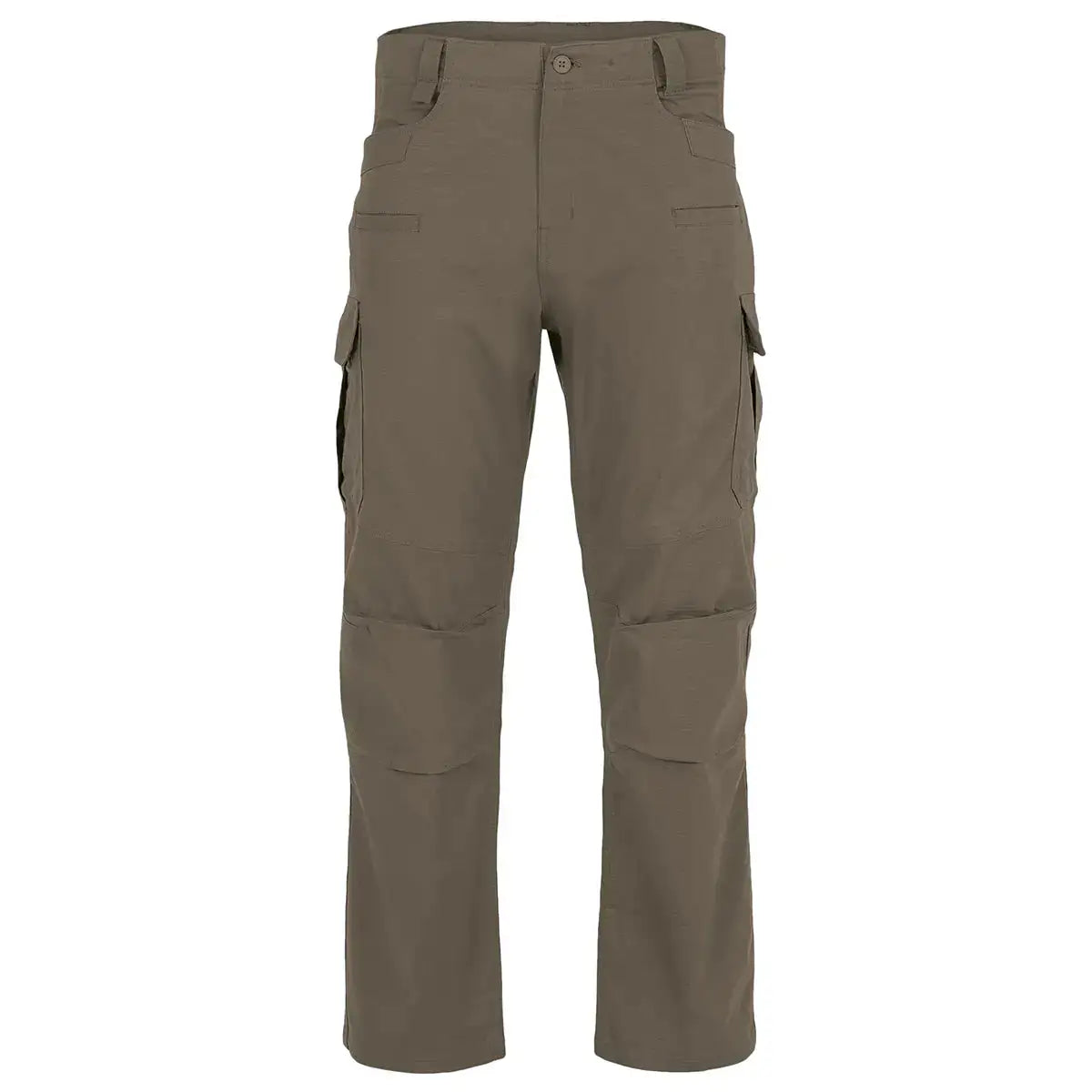 Highlander Magnum Teflon Trousers in olive green with cargo pockets and reinforced knees, ideal for rugged outdoor use and tactical wear. Ranger Green from John Bull Clothing