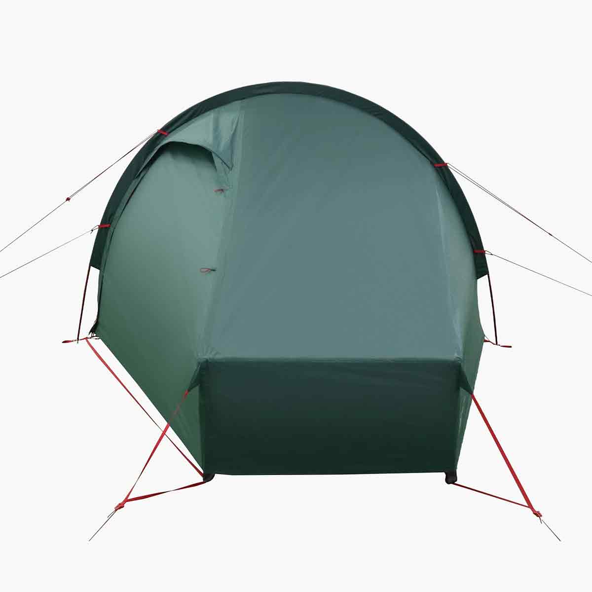 Front view of Highlander Refuge 1 Person Hooped Tent - Pine Green, showing hooped frame and taut fabric for enhanced wind resistance and waterproofing.