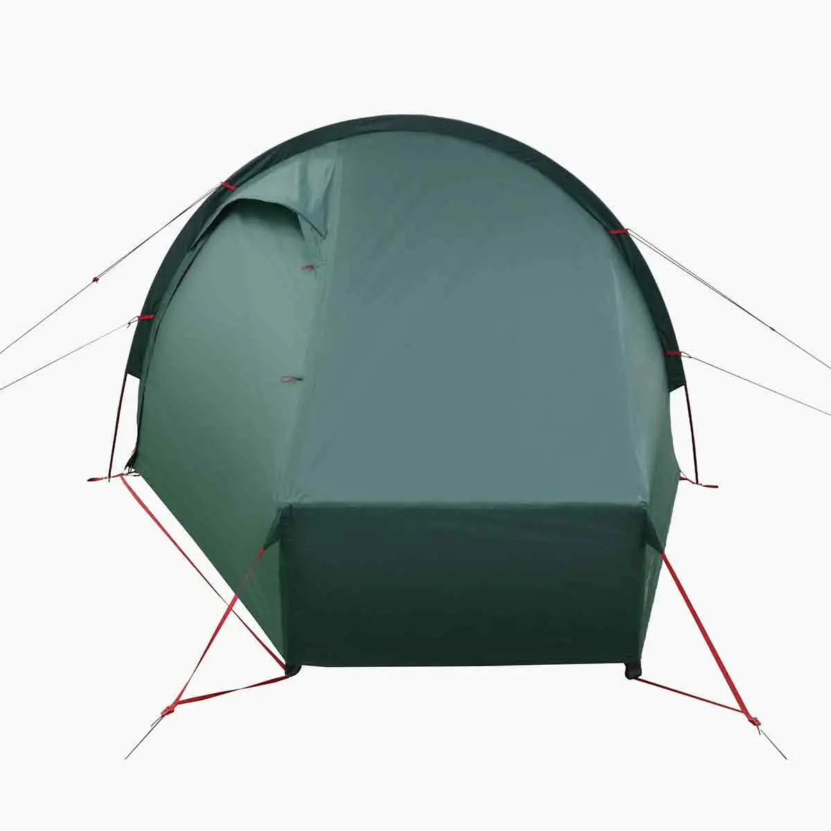 Front view of Highlander Refuge 1 Person Hooped Tent - Pine Green, showing hooped frame and taut fabric for enhanced wind resistance and waterproofing. from John Bull Clothing