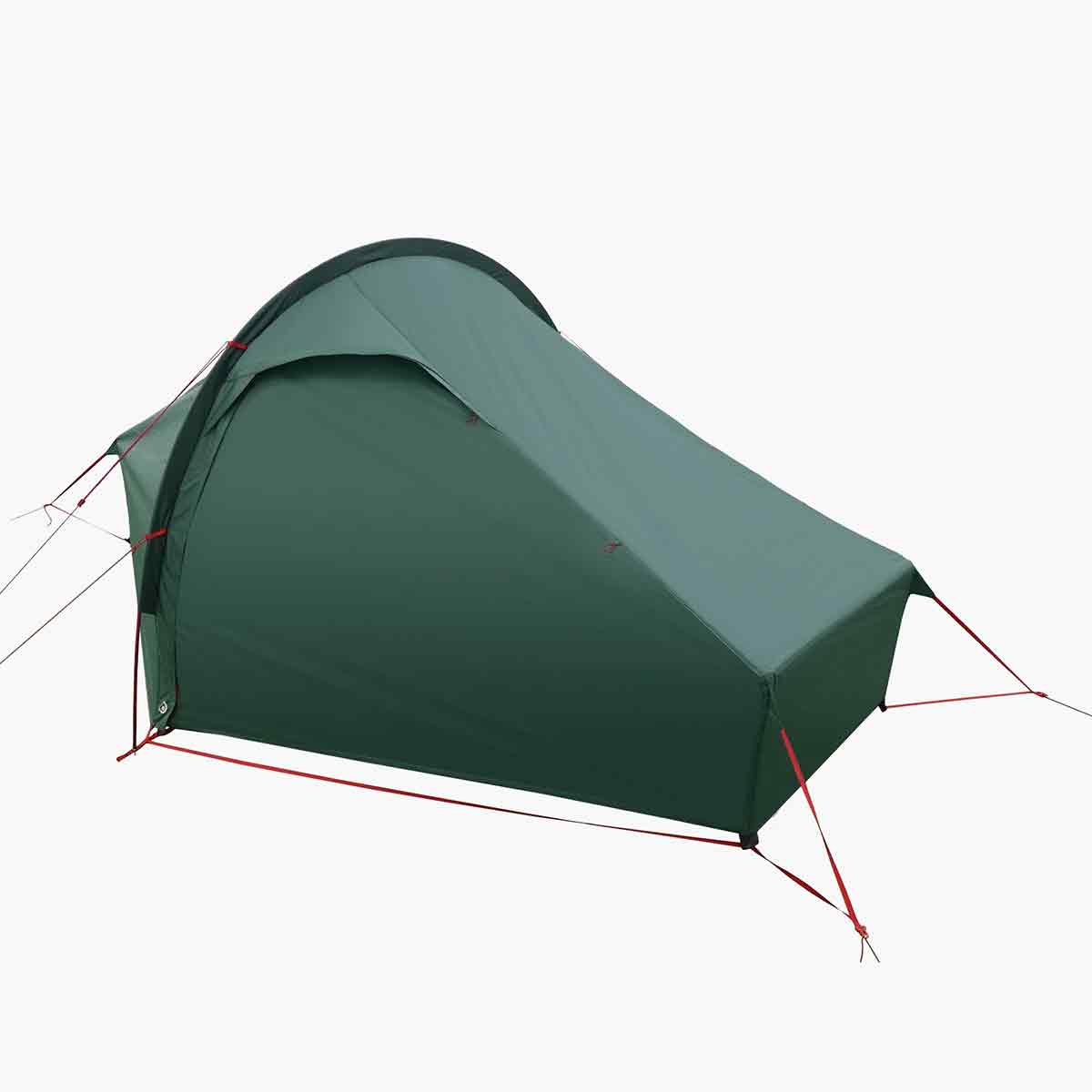 Rear view of Highlander Refuge 1 Person Hooped Tent - Pine Green, highlighting aerodynamic shape and durable guy lines for stability in outdoor conditions.