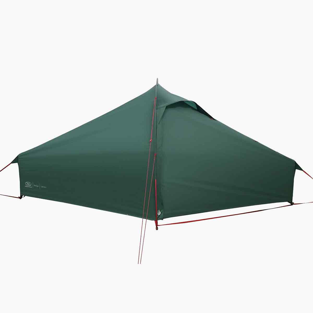 Side angle of Highlander Refuge 1 Person Hooped Tent - Pine Green, displaying sleek silhouette and red guy lines for secure solo camping setup.