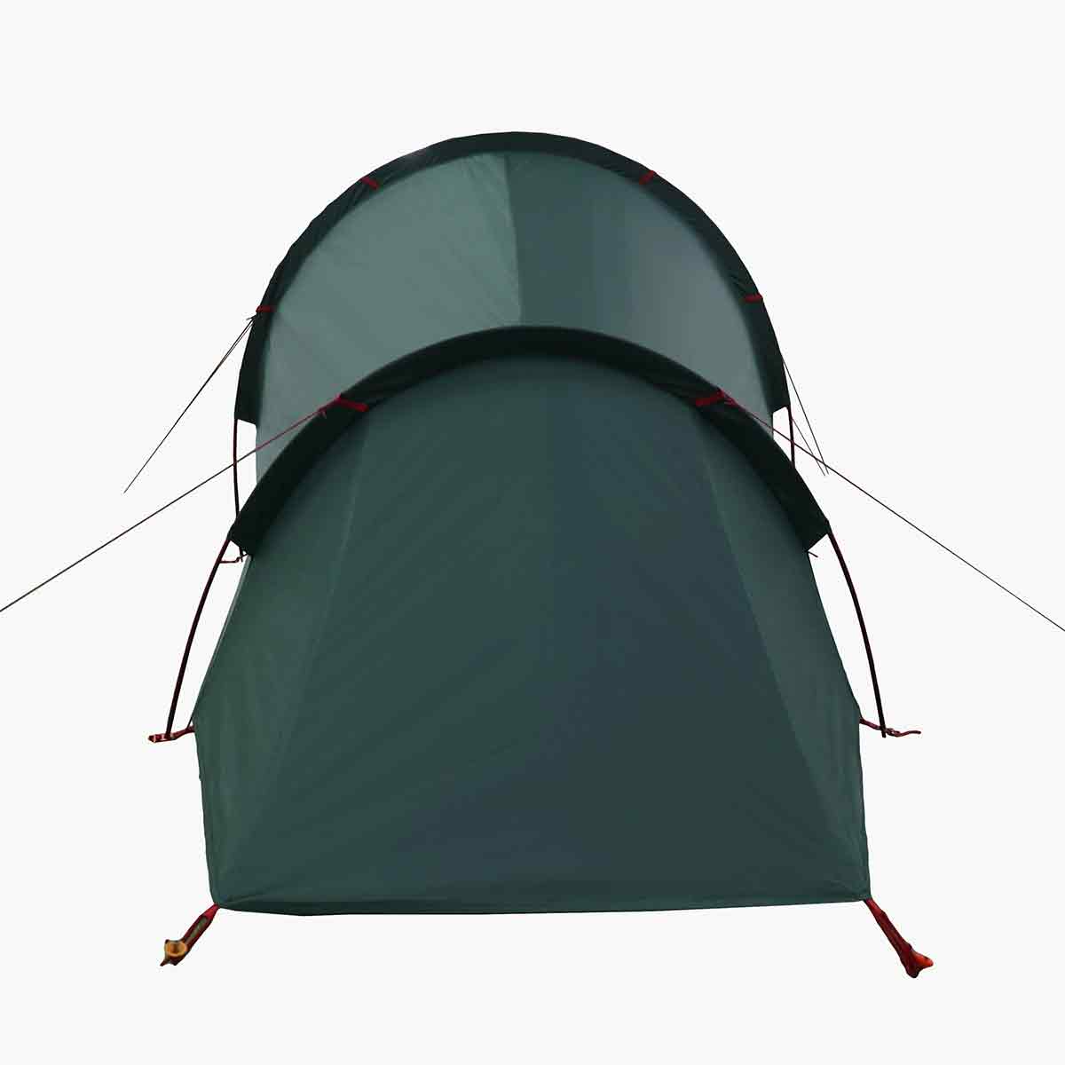 Rear view of Highlander Respite 1 Person Tunnel Tent showing dual-arch tunnel structure for stability in outdoor conditions.