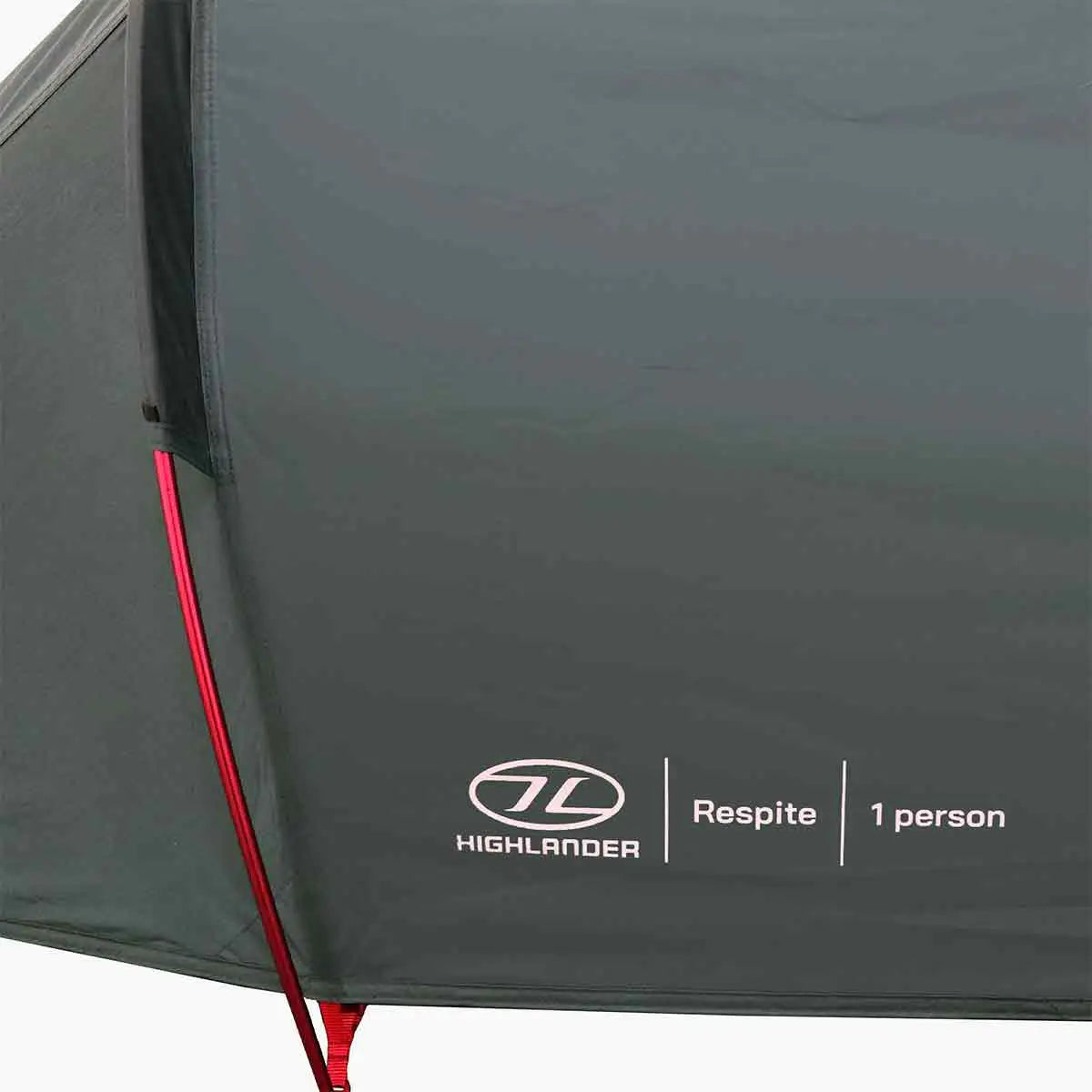 Close-up of Highlander Respite 1 Person Tunnel Tent branding and red aluminum pole, emphasizing solo use and durable build. from John Bull Clothing