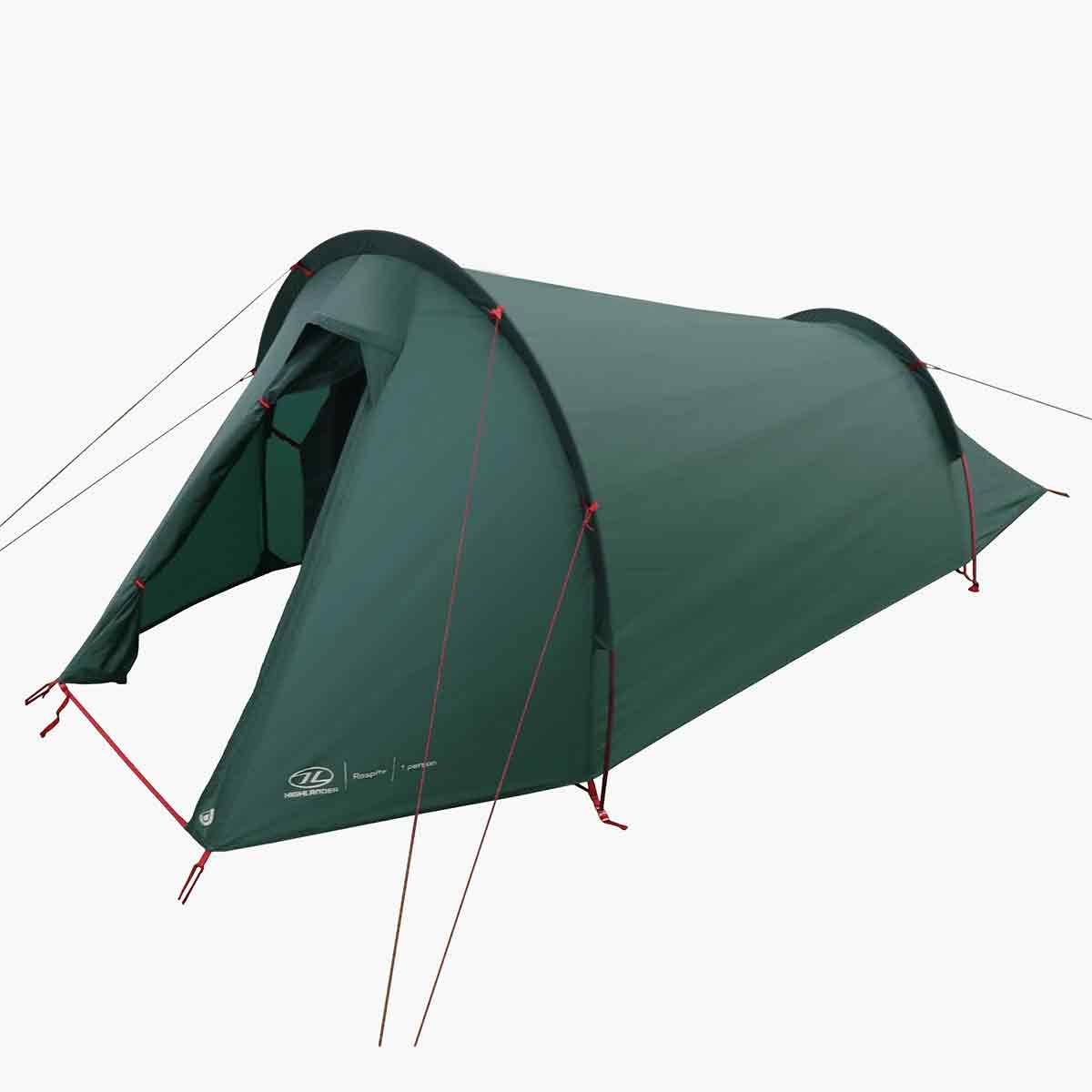 Side view of Highlander Respite 1 Person Tunnel Tent showing front entrance and compact tunnel design for outdoor hiking trips.