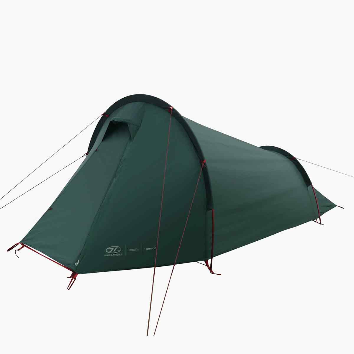 Highlander Respite 1 Person Tunnel Tent in pine green with aerodynamic shape and guy lines, ideal for solo camping adventures.