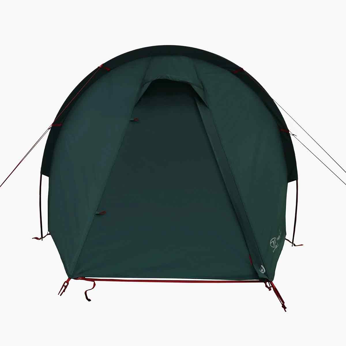 Closed front view of Highlander Respite 1 Person Tunnel Tent with taut fabric and secure guy lines for weather resistance.