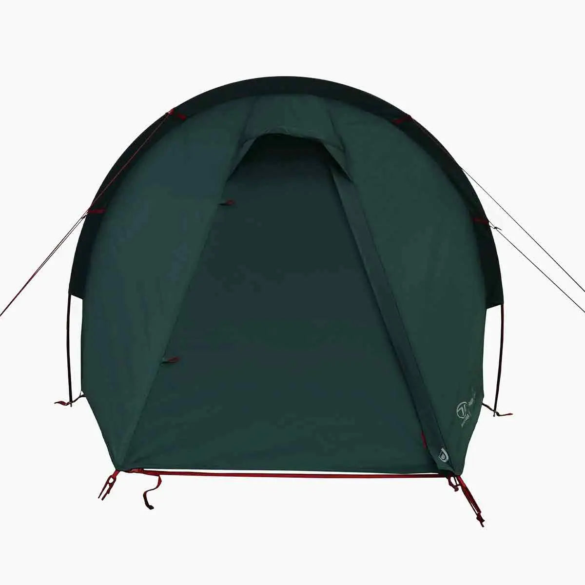 Closed front view of Highlander Respite 1 Person Tunnel Tent with taut fabric and secure guy lines for weather resistance. from John Bull Clothing