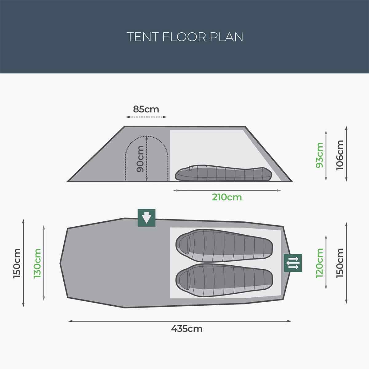 Tent floor plan of Highlander Respite 2 Person Extended Tunnel Tent detailing dimensions, sleeping area, and vestibule layout for two adults.
