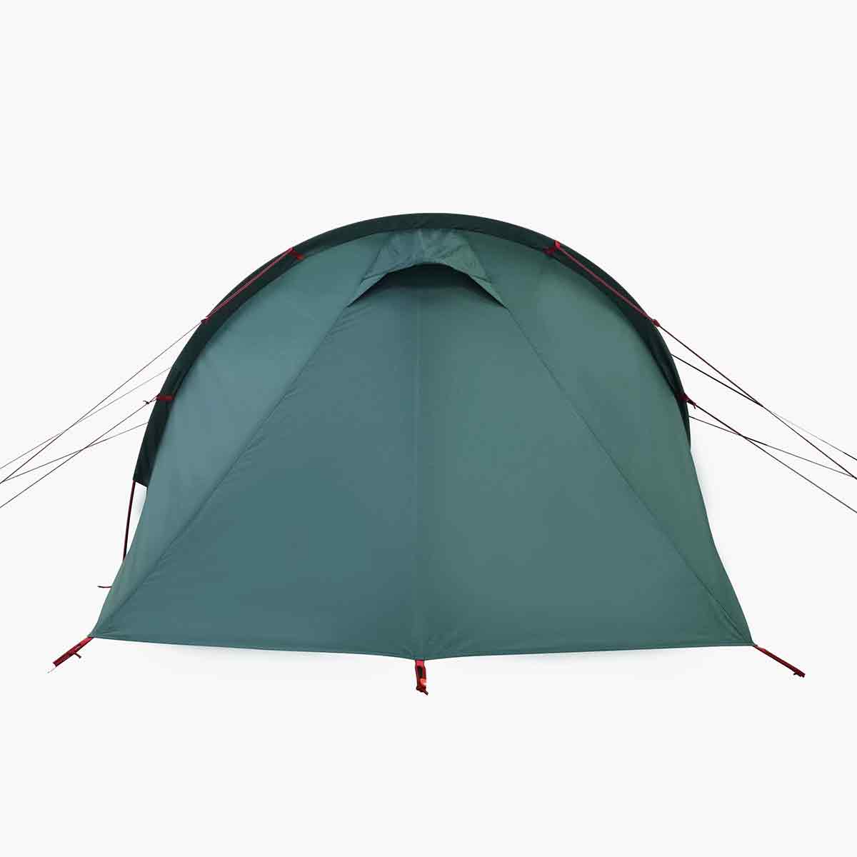 Rear view of Highlander Respite 2 Person Extended Tunnel Tent with taut fabric and ventilation flap for airflow during outdoor adventures.