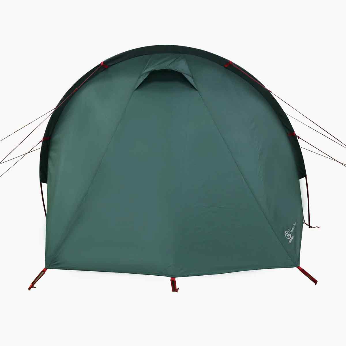 Front view of Highlander Respite 2 Person Extended Tunnel Tent showing durable polyester material and reinforced seams for weather resistance.