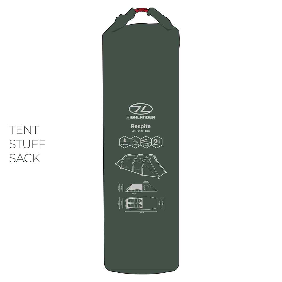 Highlander Respite 2 Person Extended Tunnel Tent packed in stuff sack with printed setup guide, ideal for compact storage and transport.