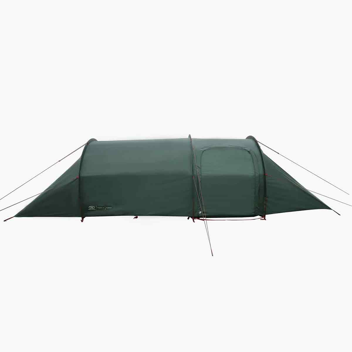 Side profile of Highlander Respite 2 Person Extended Tunnel Tent highlighting its extended tunnel design and compact footprint for easy setup.