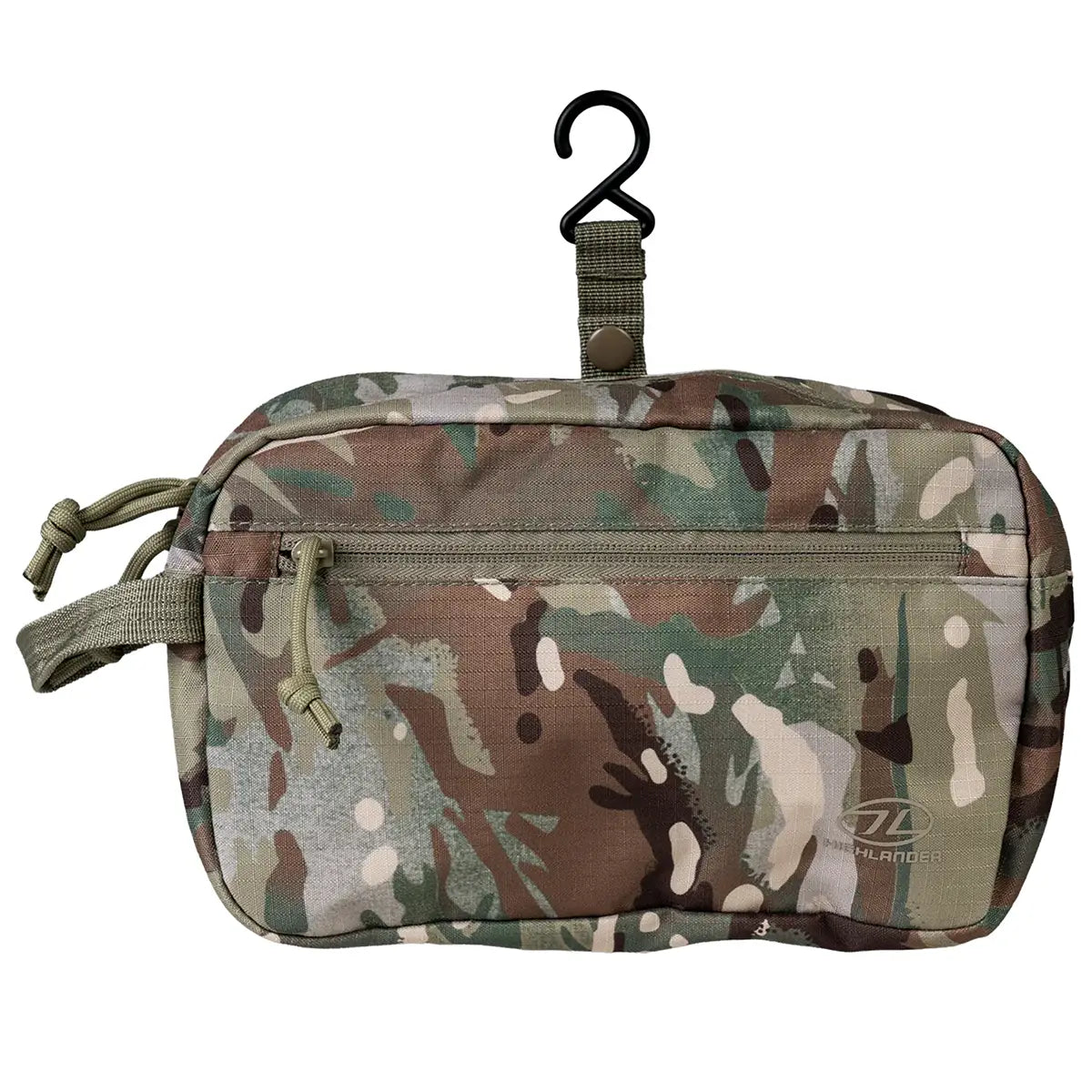 Camouflage Highlander Sancho military toiletry bag with zippered front pocket, polyester material, compact rectangular shape, includes hanging hook for travel, SKU: JB1639