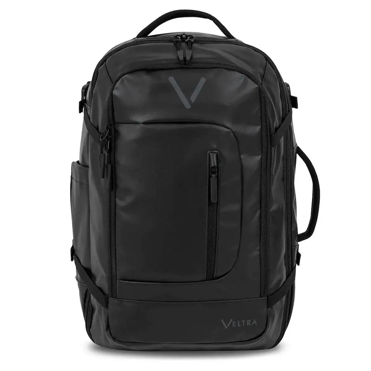 Highlander Veltra 44L Cabin Bag Black with multiple compartments, front zippered pocket, and durable handles for travel convenience. from John Bull Clothing