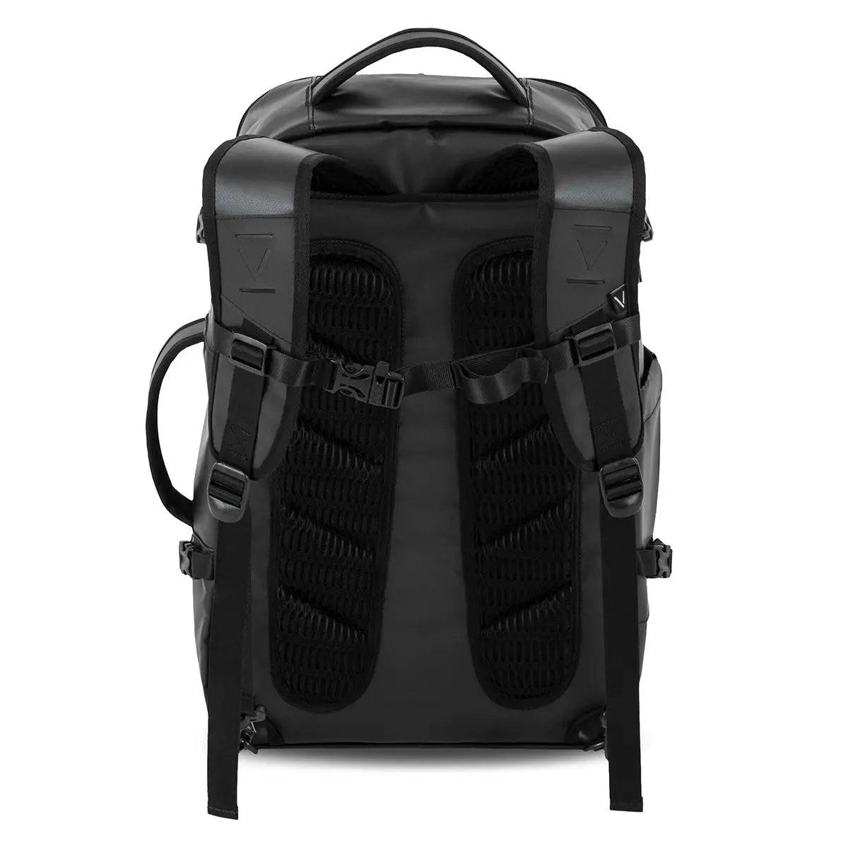 Back view of Highlander Veltra 44L Cabin Bag Black featuring ergonomic padded straps and breathable mesh back panel for comfort.