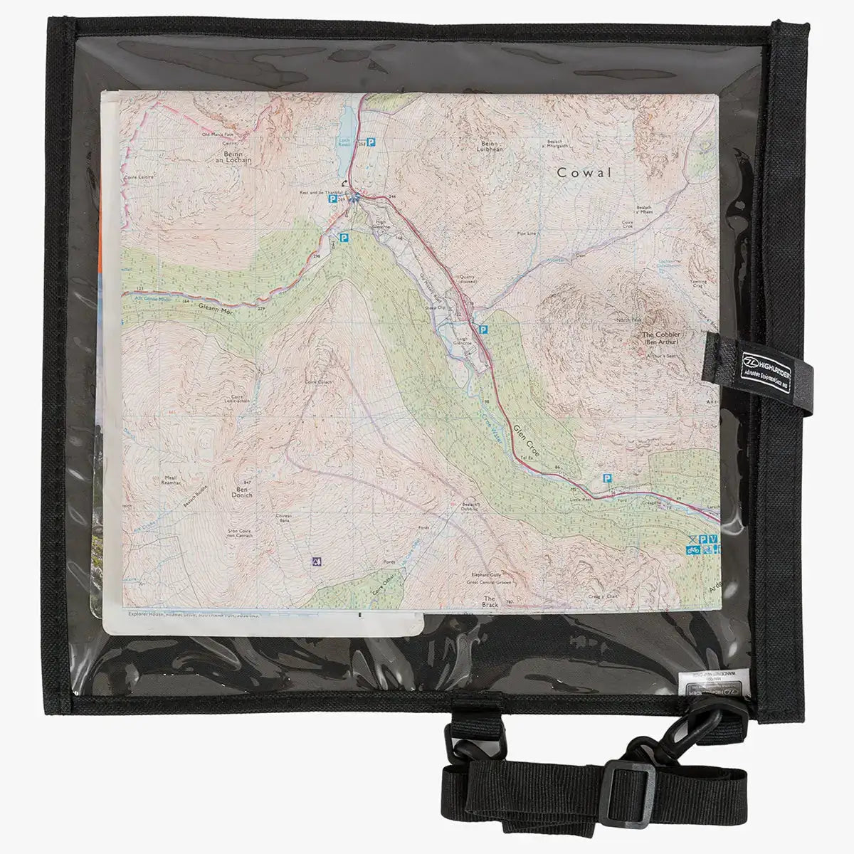 Black Highlander Wanderer flexible map case with clear plastic window displaying a detailed topographic map, water-resistant material, adjustable strap, SKU: JB1637