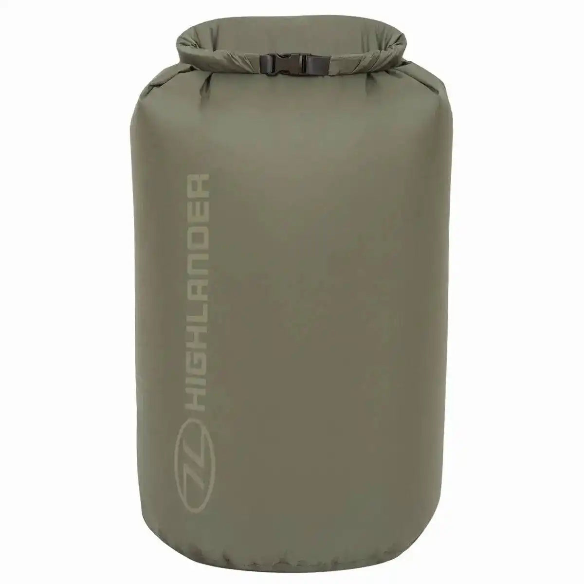 Olive green Highlander X-Lite 40 Litre Daysack Dry Bag featuring durable nylon material and secure buckle seal for dry gear protection. Ranger Green from John Bull Clothing