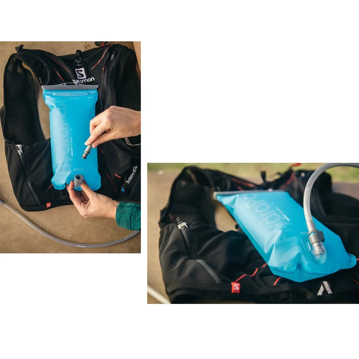 HydraPak Velocity Hydration Water Reservoir being inserted into a hydration vest, perfect for runners and hikers needing hands-free hydration.