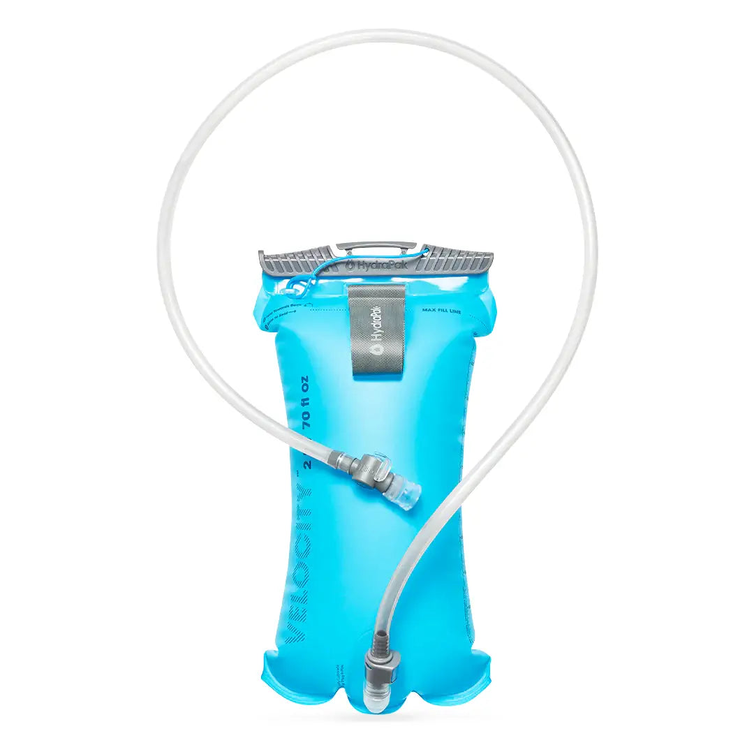 HydraPak Velocity Hydration Water Reservoir with hose fully extended, designed for efficient hydration during outdoor recreation and sports.
