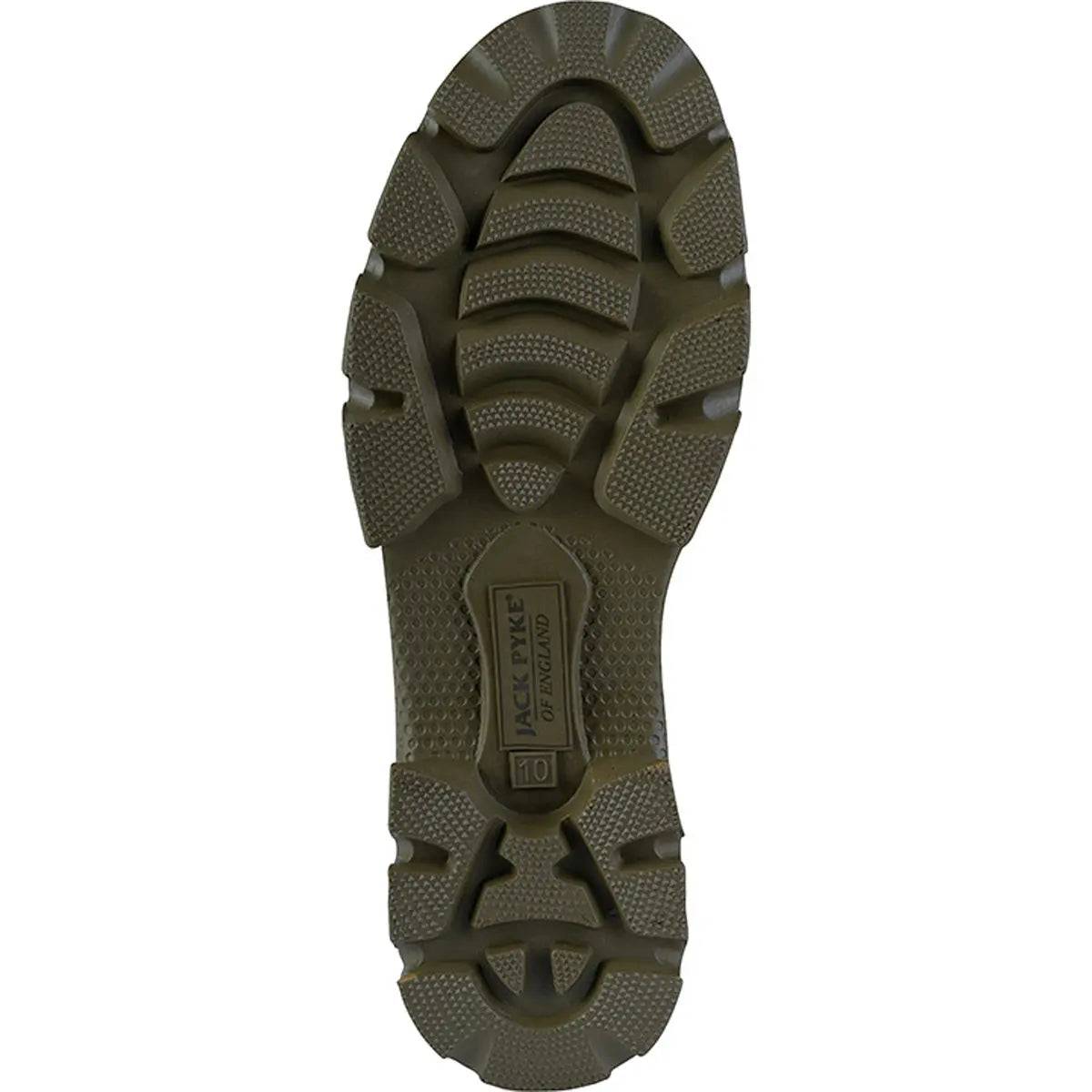 Close-up of the outsole of Jack Pyke Ashcombe Gusset Wellington Boot, highlighting deep treads for superior traction on wet and muddy surfaces.
