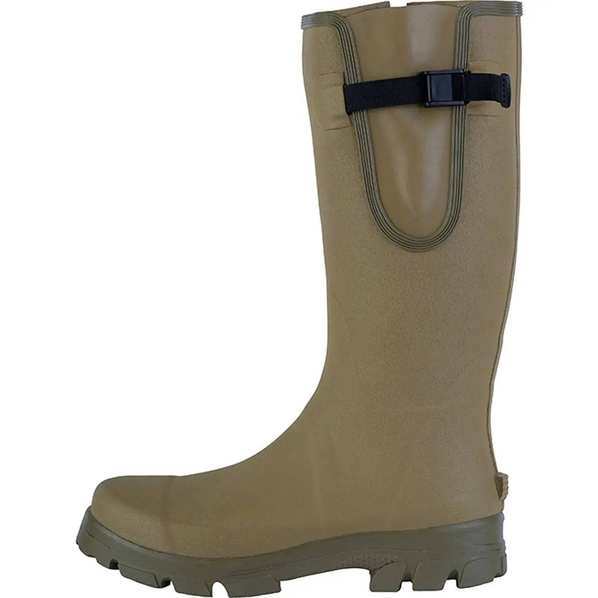 Side profile of Jack Pyke Ashcombe Gusset Wellington Boot featuring an adjustable strap and neoprene lining for flexibility and warmth.