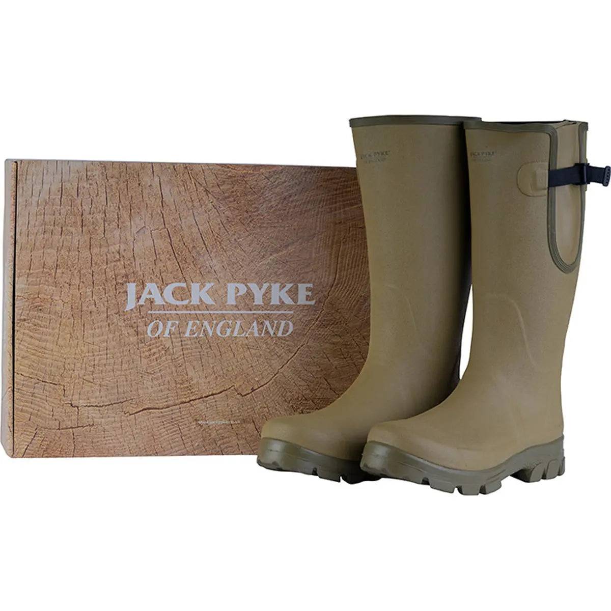 Jack Pyke Ashcombe Gusset Wellington Boot displayed with branded packaging, ideal for outdoor enthusiasts seeking durable and stylish footwear.