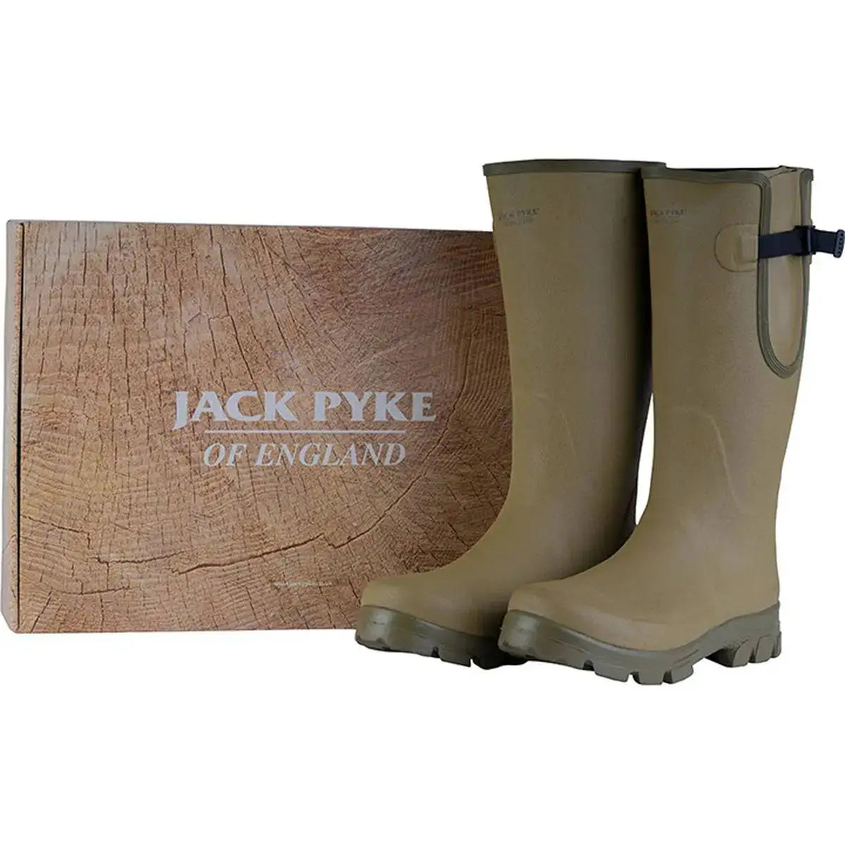 Jack Pyke Ashcombe Gusset Wellington Boot displayed with branded packaging, ideal for outdoor enthusiasts seeking durable and stylish footwear. from John Bull Clothing
