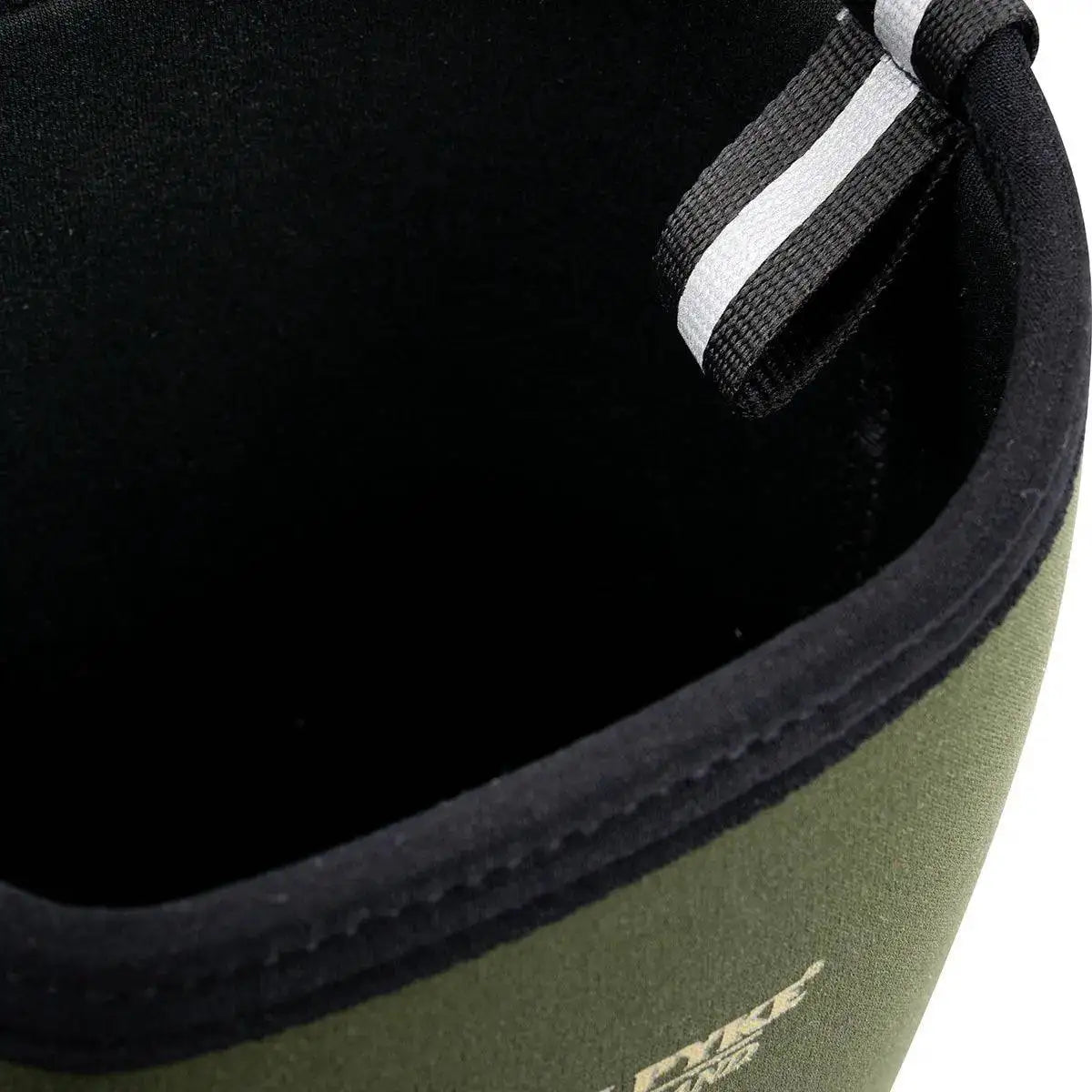 Close-up of the Jack Pyke Ashcombe Neoprene Wellie Boot's top, showing the reinforced pull tab and soft neoprene lining for easy wear. from John Bull Clothing