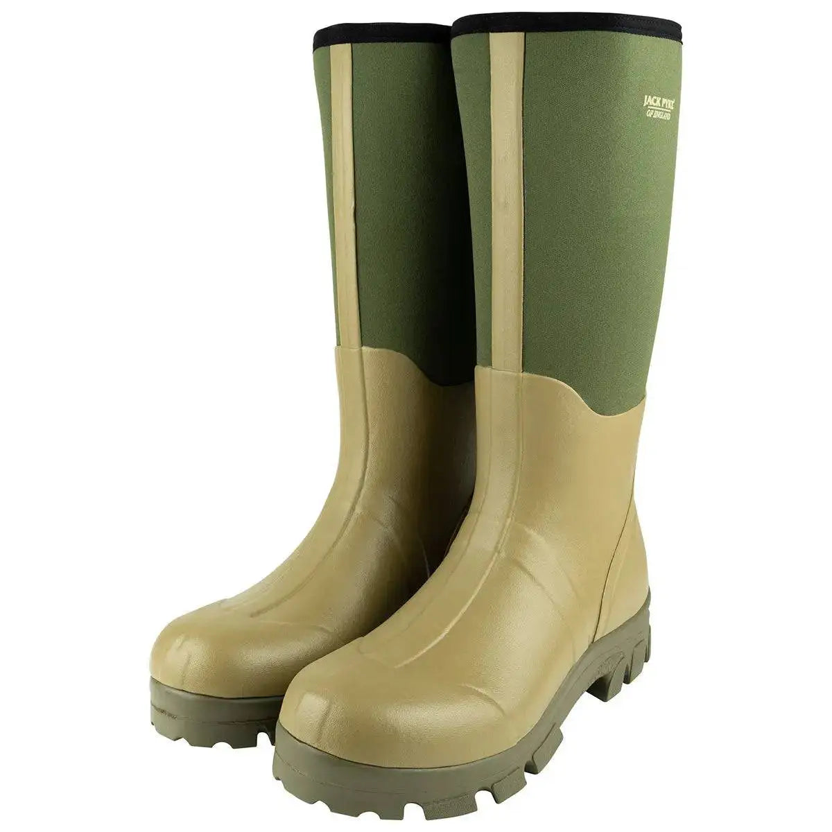 Jack Pyke Ashcombe Neoprene Wellie Boot in Green, featuring a durable rubber lower and neoprene upper for comfort and waterproof protection. from John Bull Clothing