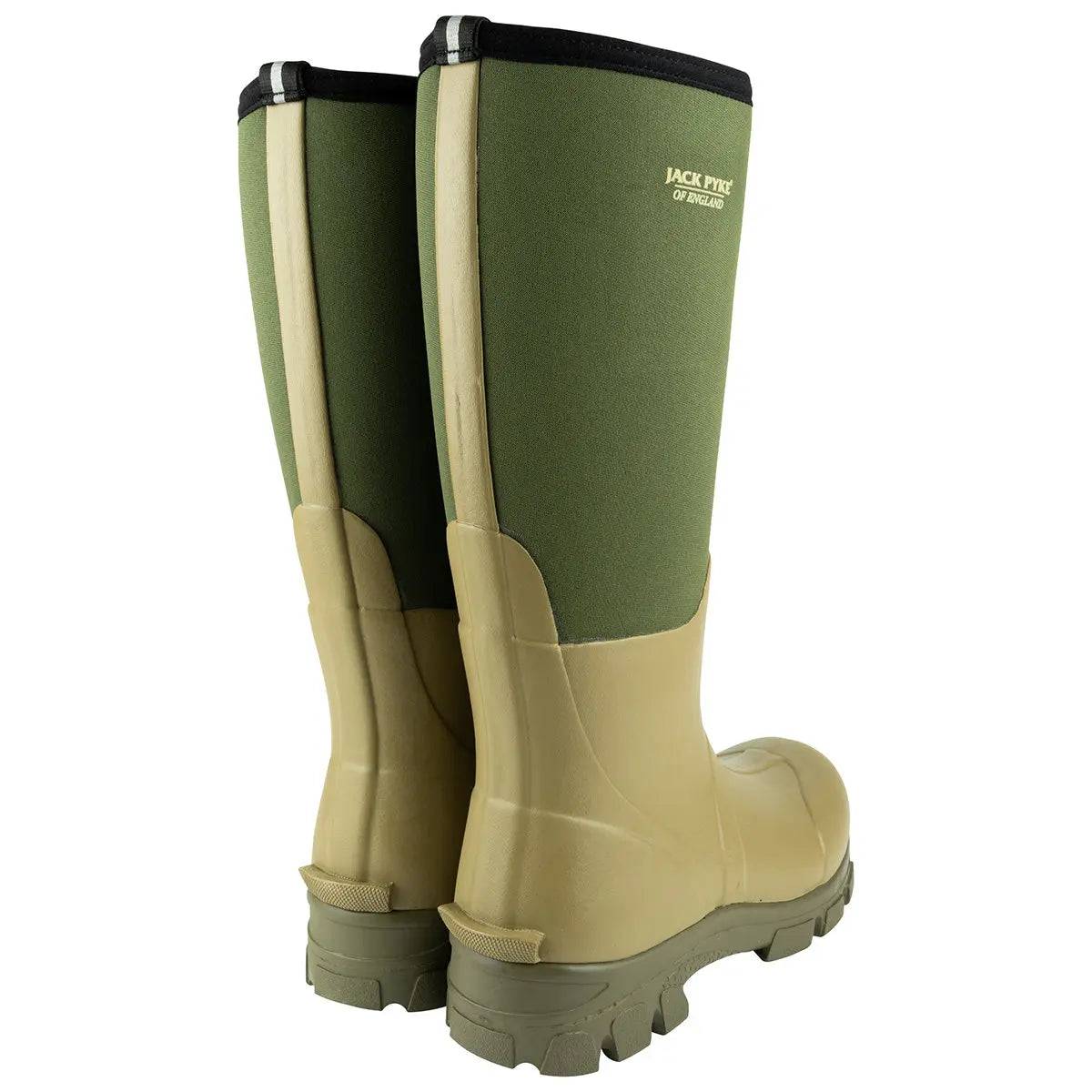Rear view of the Jack Pyke Ashcombe Neoprene Wellie Boot in Green, showcasing its sturdy sole and high-cut neoprene upper for outdoor durability.