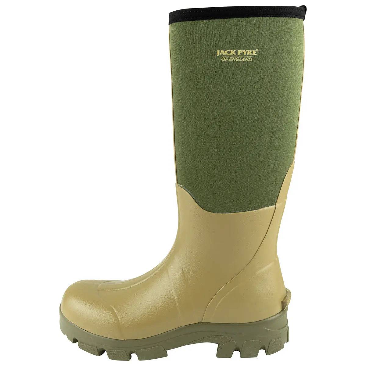 Side profile of the Jack Pyke Ashcombe Neoprene Wellie Boot in Green, highlighting its ergonomic design and waterproof construction.