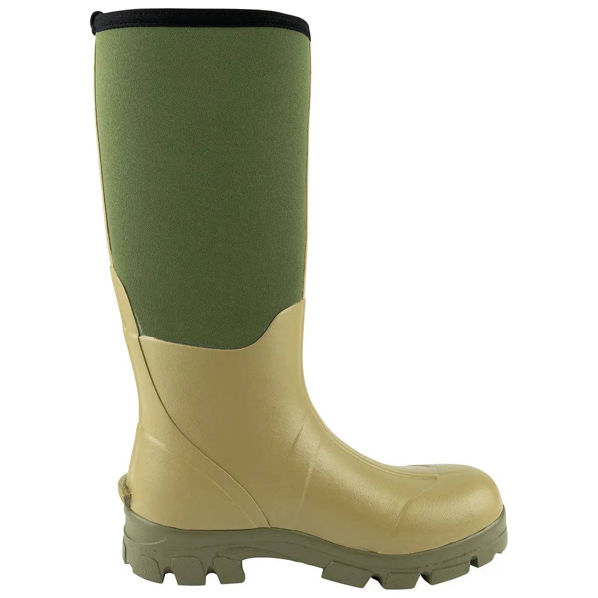Opposite side view of the Jack Pyke Ashcombe Neoprene Wellie Boot in Green, emphasizing its rugged sole and flexible neoprene upper.
