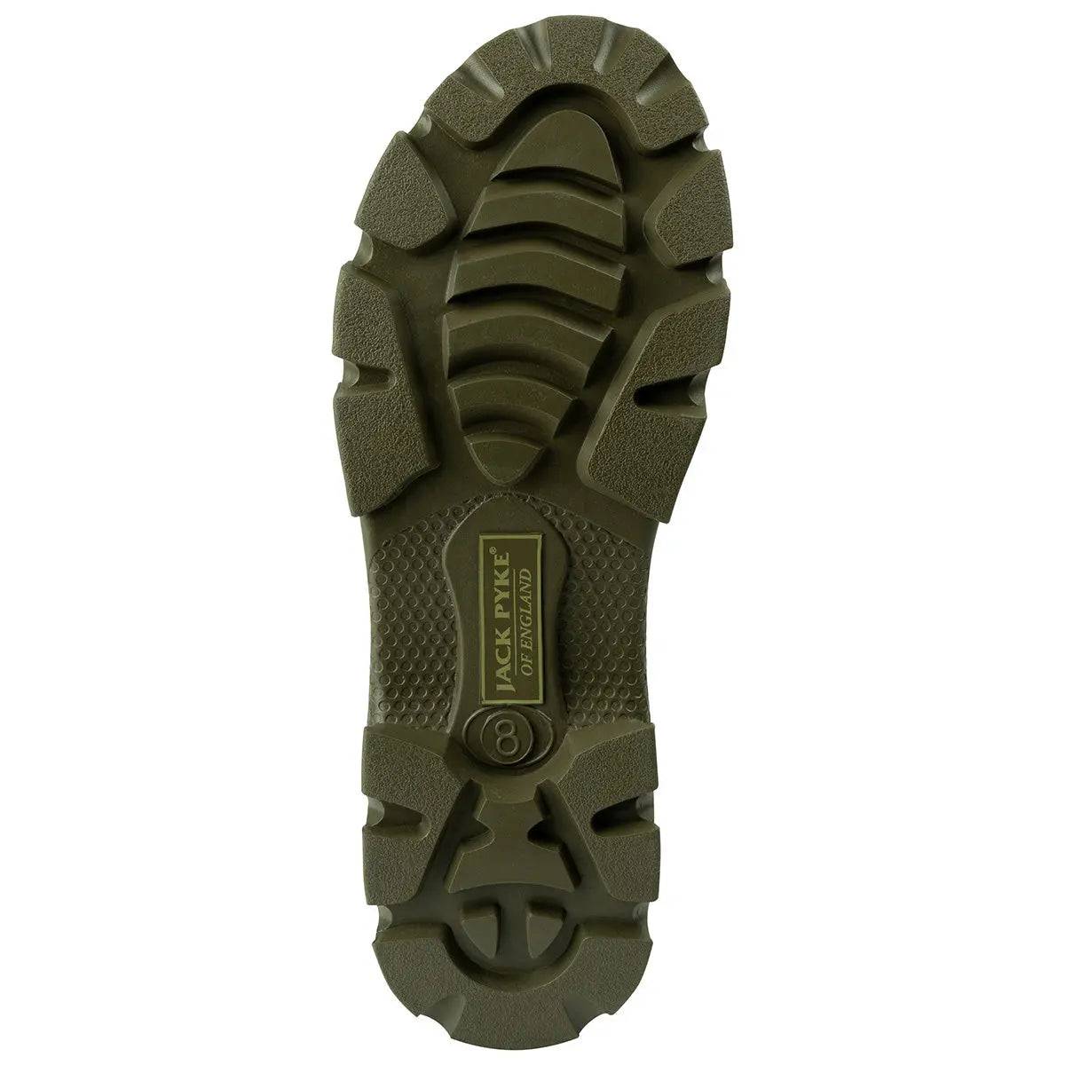 Treaded sole of the Jack Pyke Ashcombe Neoprene Wellie Boot in Green, designed for superior grip and stability on rough terrains.