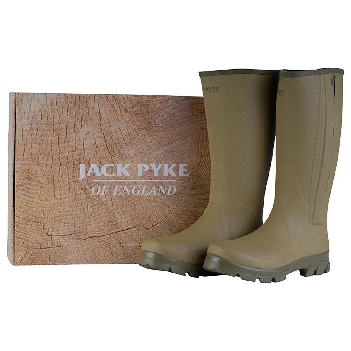 Jack Pyke Ashcombe Zip Wellie Boot displayed with branded packaging, ideal for outdoor enthusiasts, farmers, and gamekeepers.