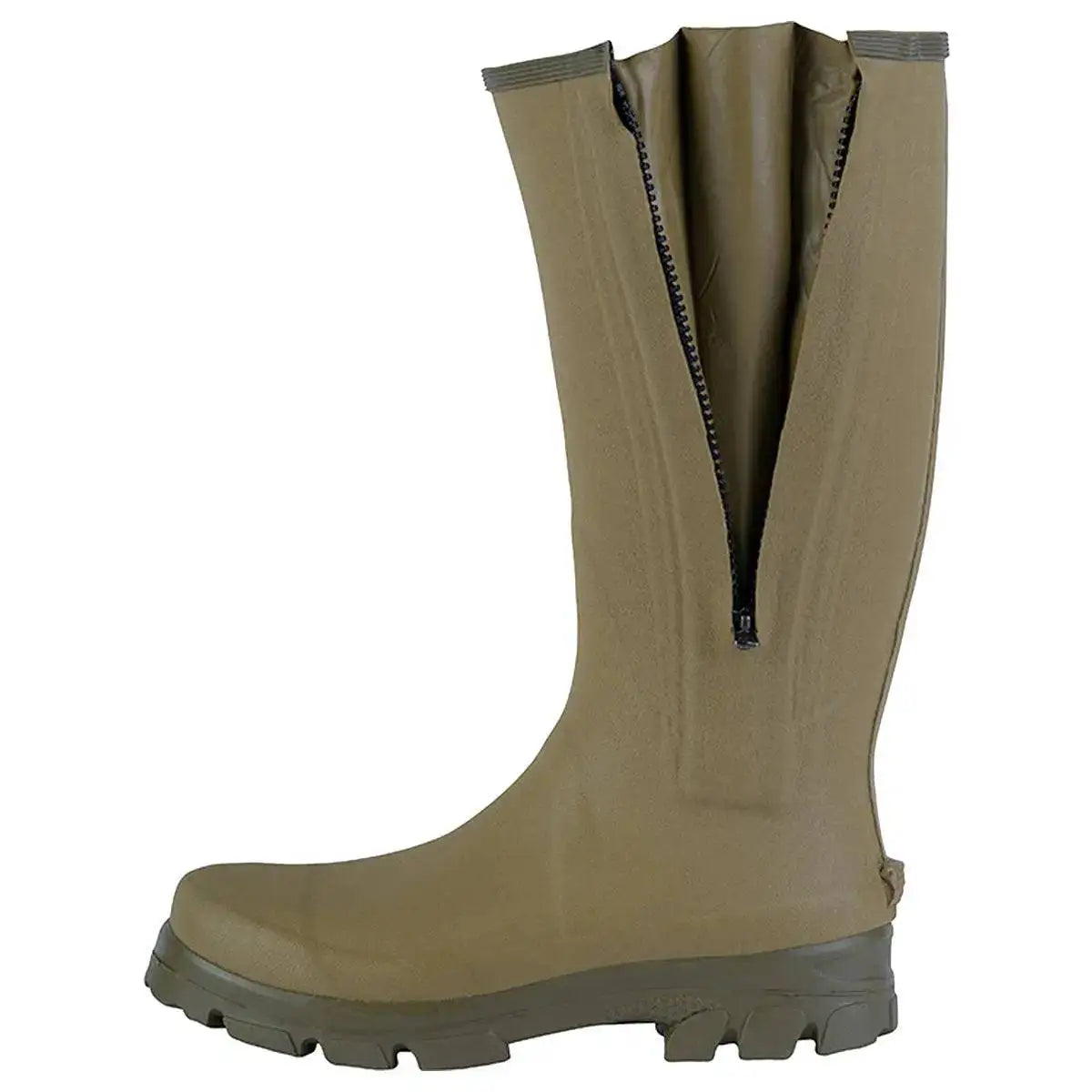 Jack Pyke Ashcombe Zip Wellie Boot with side zip partially open, offering easy access and a secure fit for outdoor activities. from John Bull Clothing