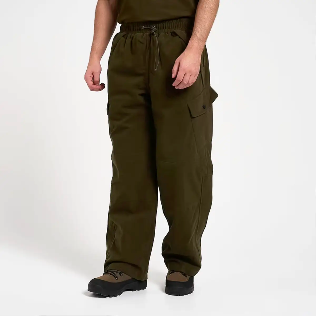 Front angled view of Jack Pyke Hunters Trousers Green Waterproof, featuring drawstring waist and multiple utility pockets.